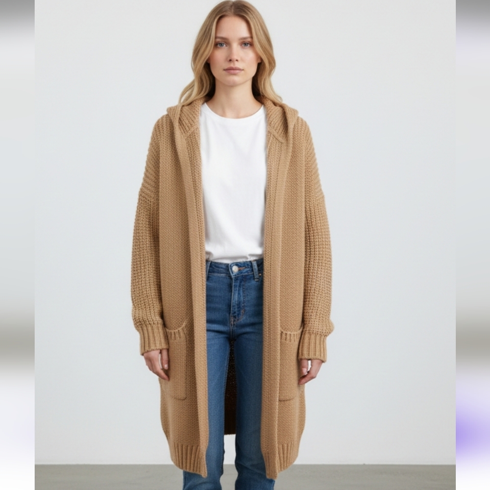 Hooded Longline Knit Cardigan - Camel